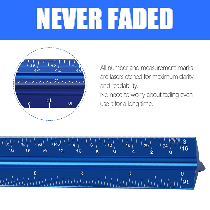 12 Aluminum Triangular Architect Scale Ruler with Laser-Etched Imperial Marks gallery