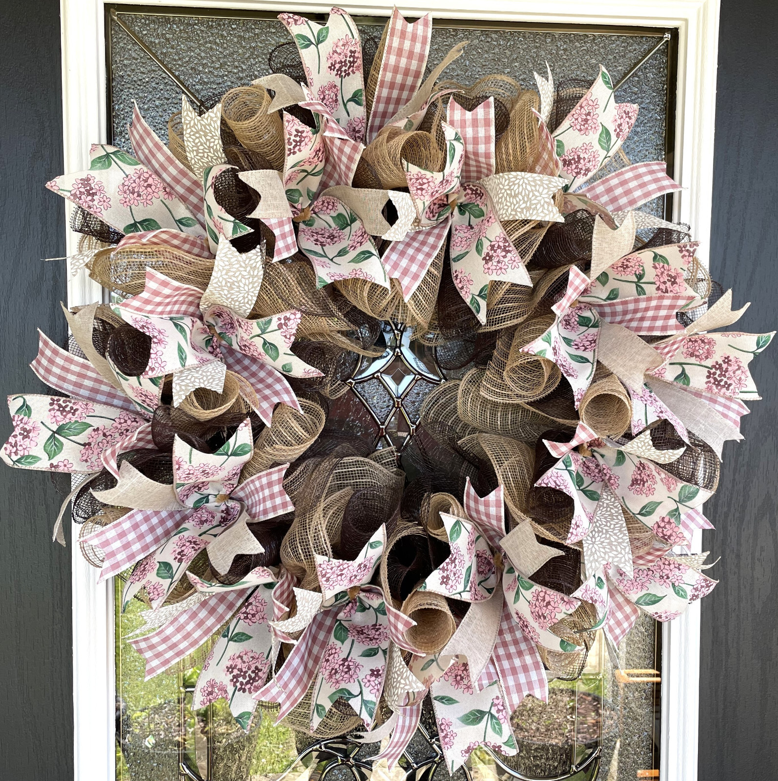 Hydrangea Gingham Spring Summer Fall Deco Mesh Wreath, Farmhouse Cottage Decor gallery