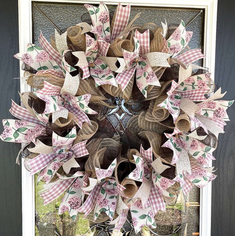 Hydrangea Gingham Spring Summer Fall Deco Mesh Wreath, Farmhouse Cottage Decor gallery