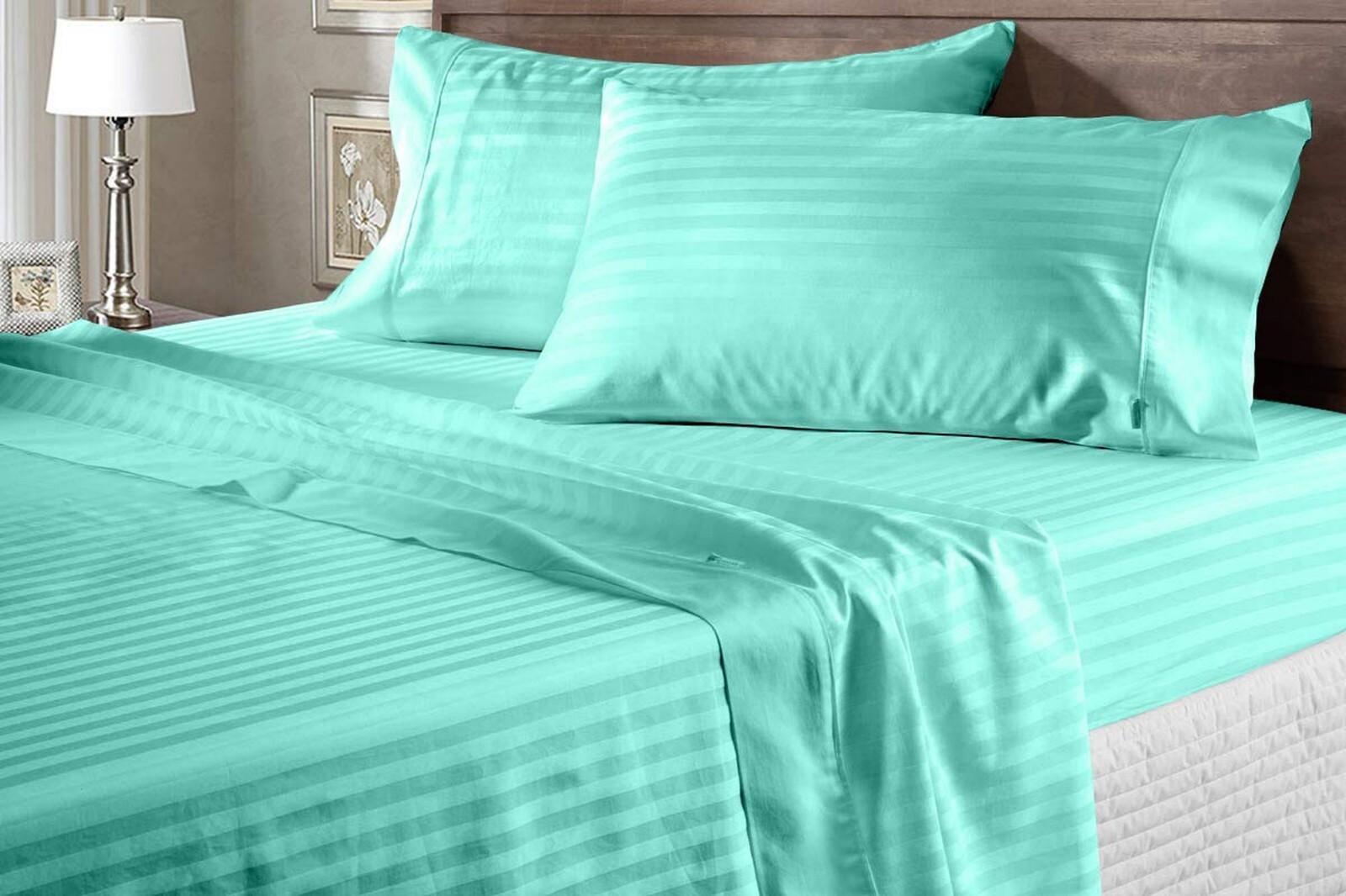 1000 Thread Count 100% Cotton - Luxury Bedding Item US Sizes Aqua Blue Stripes gallery