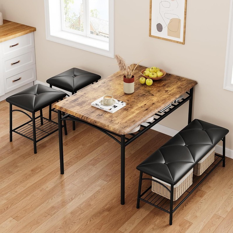 Dining Table Set for 4 Kitchen Table with Upholstered Benches and Stools Storage gallery