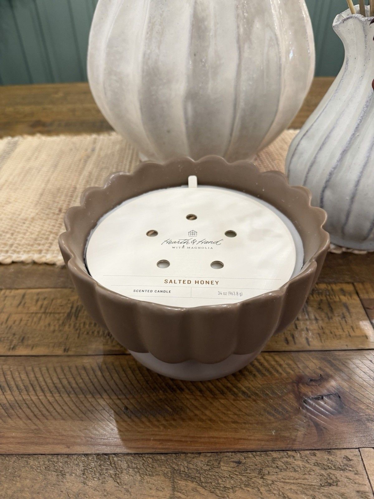 5 Wick Footed Ceramic Scalloped Rim Salted Honey Jar Candle 34oz - NEW RARE gallery
