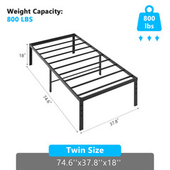 Black Twin Size Simple Basic Platform Metal Bed Frame – 18 Inch Bed Height