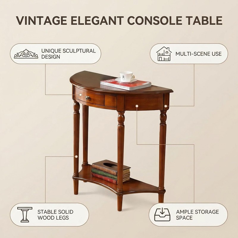 Half Moon Table, Table Solid Wood with Drawer Half-Moon Porch Side, Entryway ... gallery