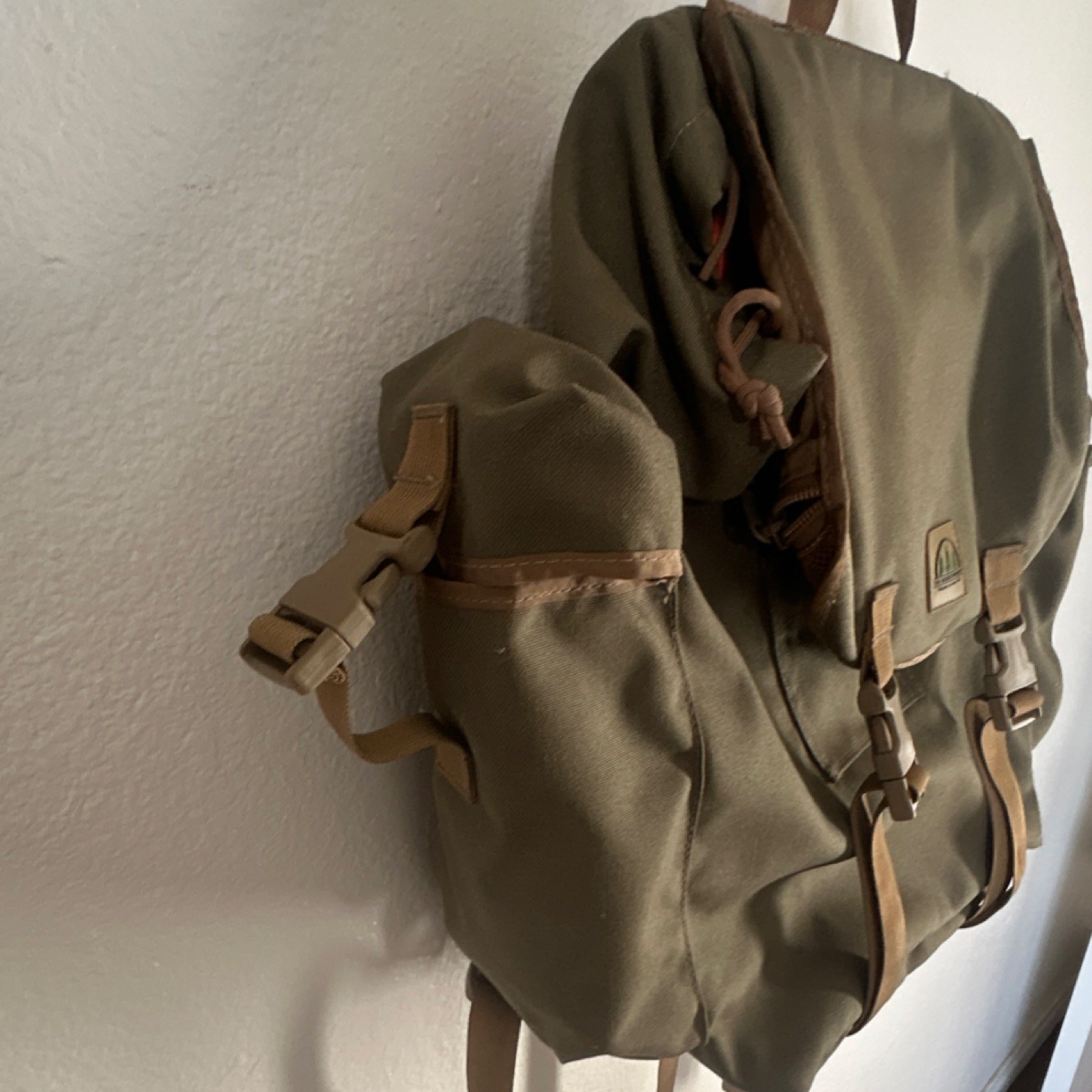 Olive Green Canvas Hiking Backpack with Buckle, Drawstring, Zipper Closures 2