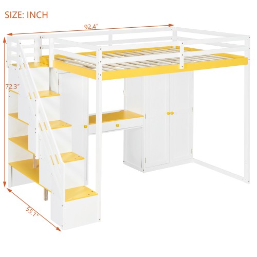 Full Size Loft Bed with Storage Stairs,Wardrobe Dressing Table Mirror LED Lights gallery