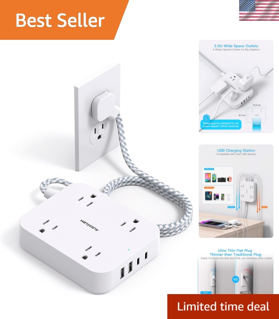 Listed 5ft Flat Plug Power Strip - 4 AC & USB Ports for Ultimate Convenience gallery
