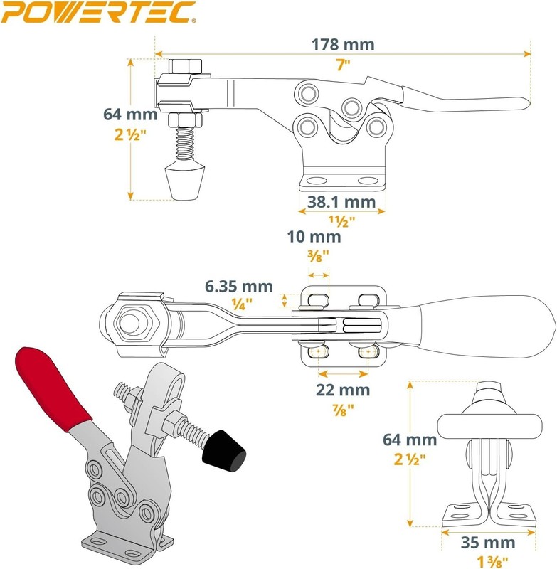 POWERTEC Horizontal Quick-Release Toggle Clamp, 500 lbs 225D - 2PCS (20325) gallery