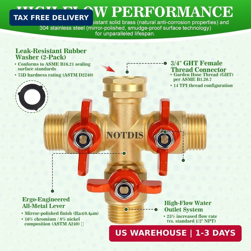 3 Way Hose Splitter, Solid Brass High Volume 3 Way Hose Splitter Valve with Meta gallery