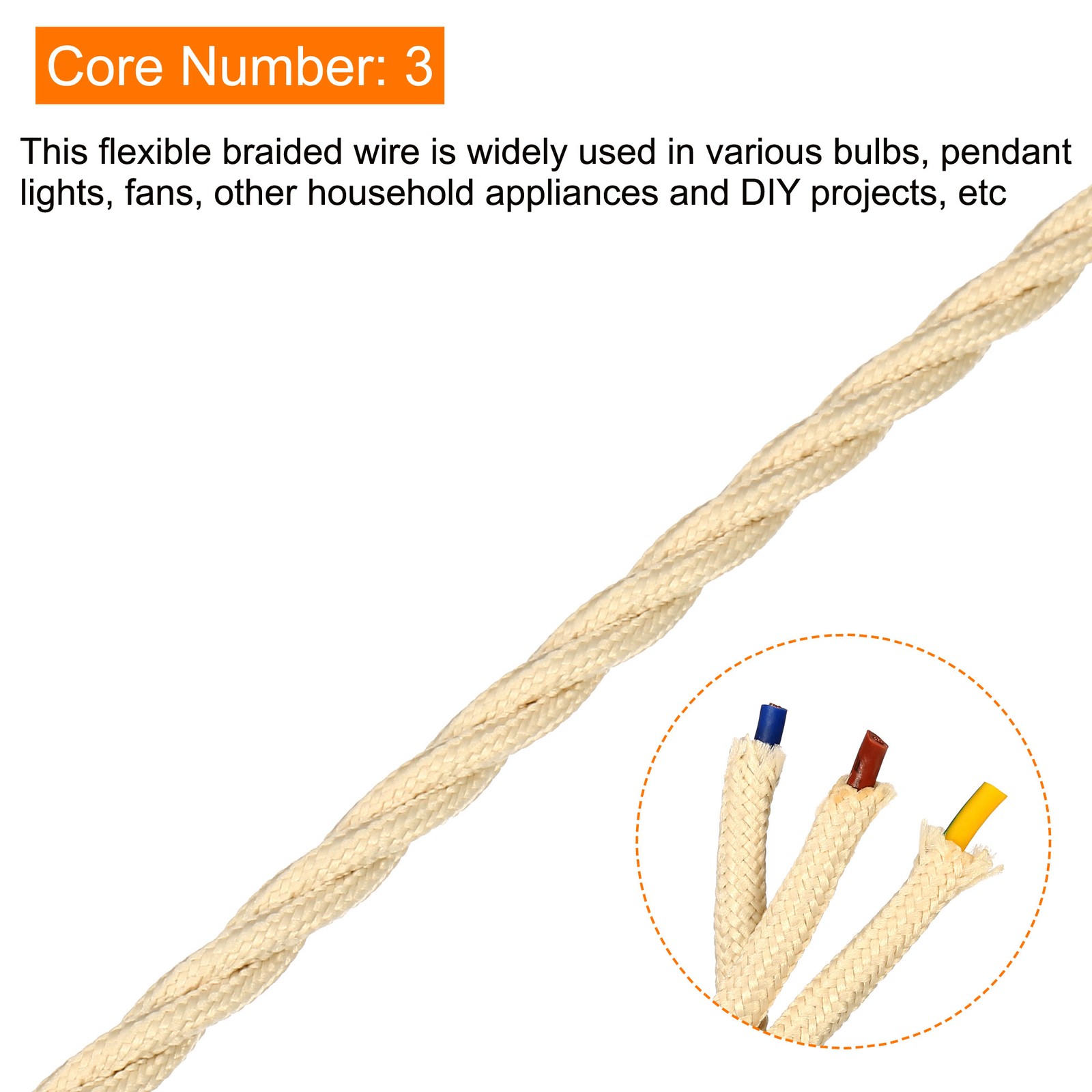 Twisted Cloth Covered Wire 3 Core 18AWG 5m/16.4ft Electrical Cable Beige gallery