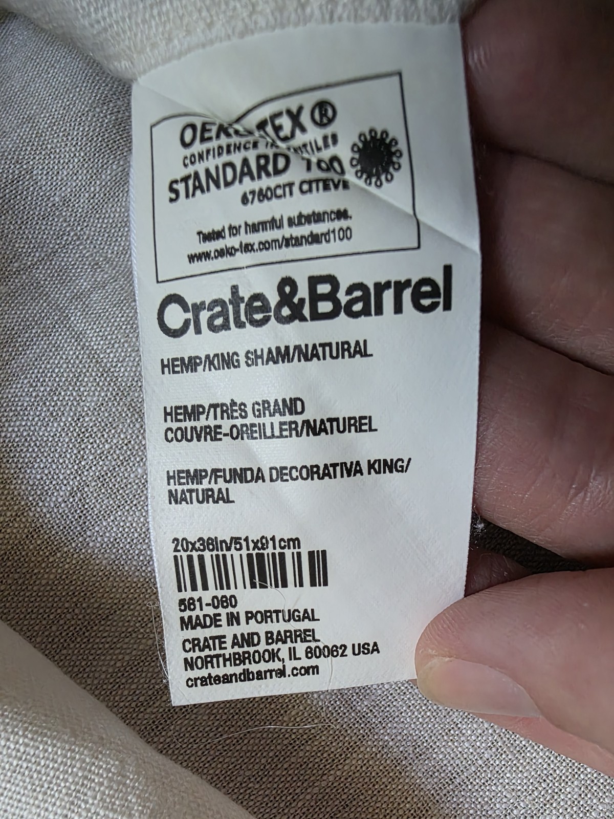 Crate & Barrel Hemp Pillowcase King Sham White Beige 20"x36" Excellent gallery