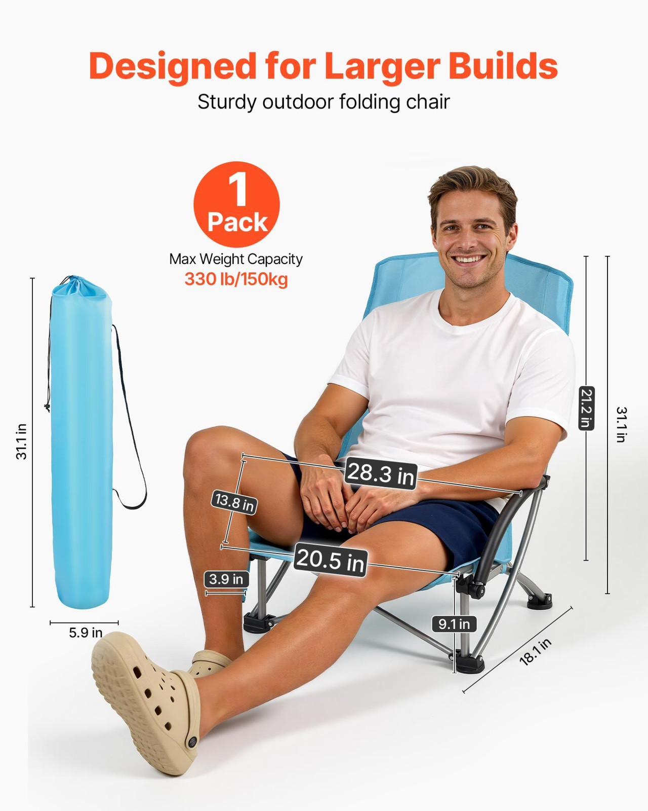 VEVOR Folding Beach Chair - Light Blue, High Back, Extra Wide Seat, 330 lbs Heav gallery