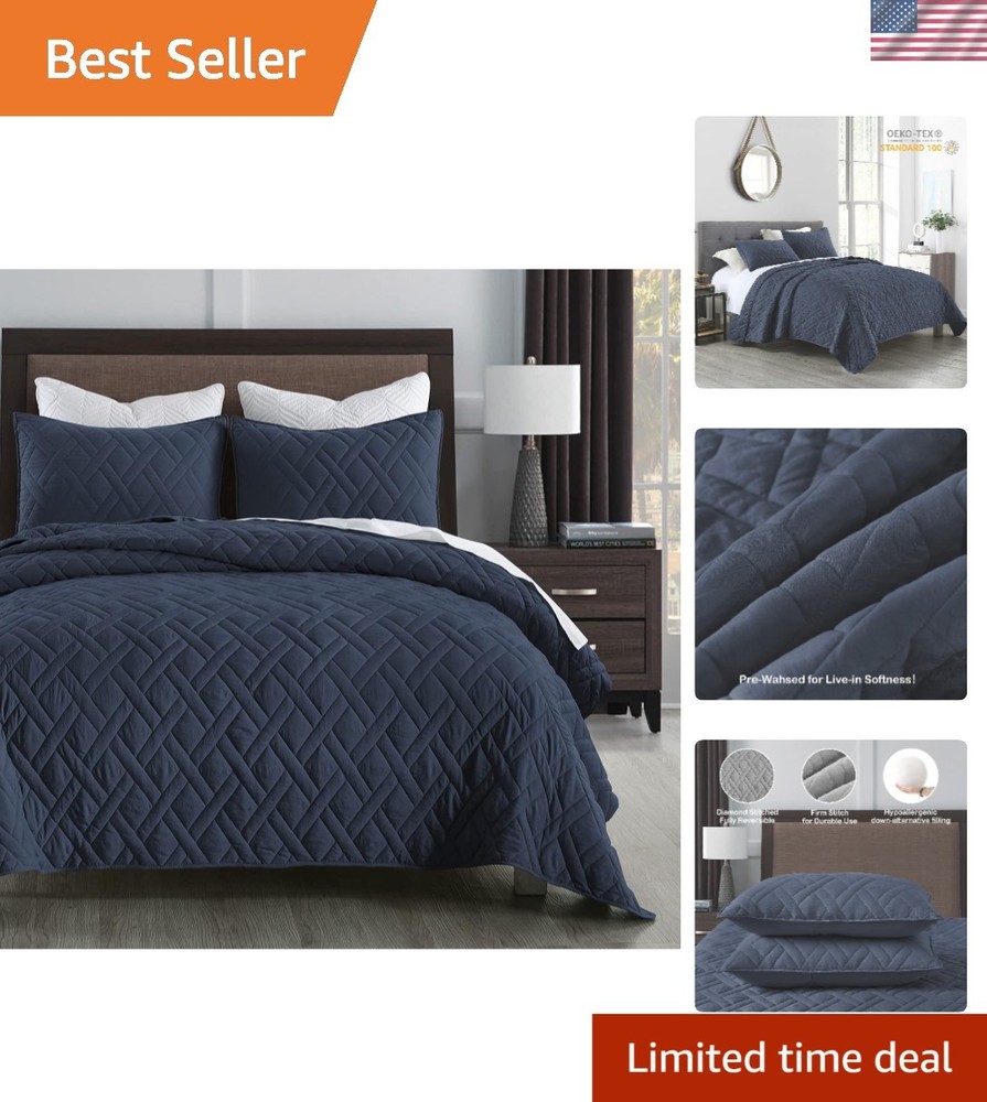 Hypoallergenic Soft Microfiber Queen Quilt Set – Stylish Diamond Stitch Design