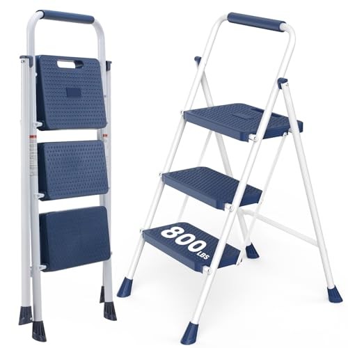 Step Ladder 3 Step, Folding Step Stool with Wide Anti-Slip 3-Step + 800LBS Blue gallery
