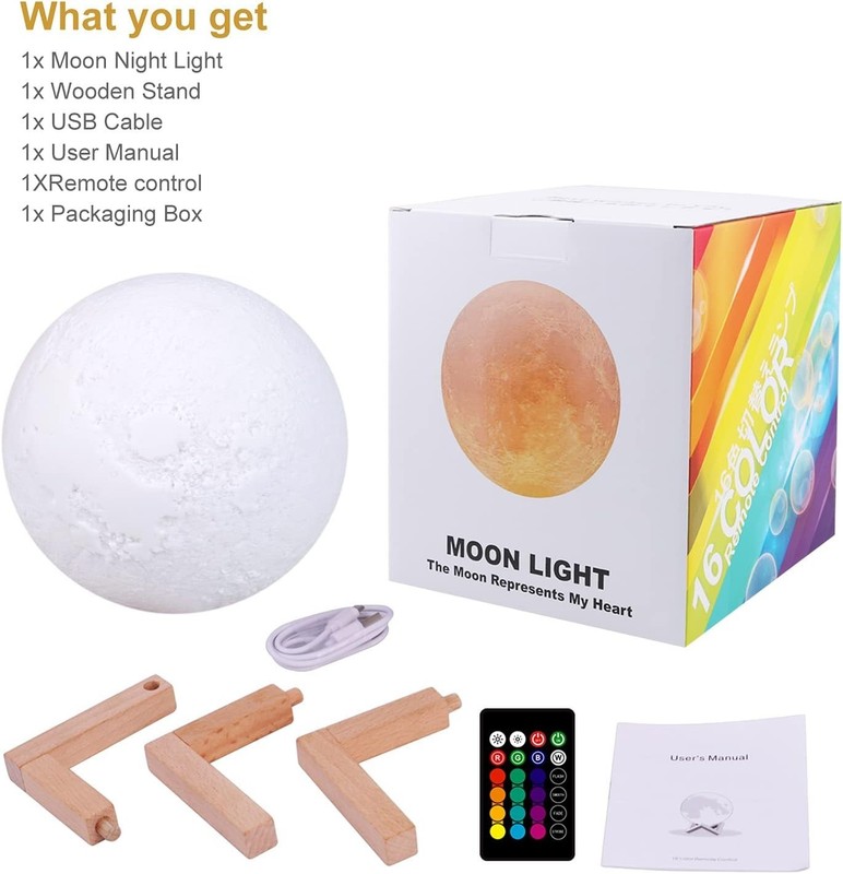 3D Moon Night Lamp Planet Light Remote & Touch Control 16Colors with Stand US gallery