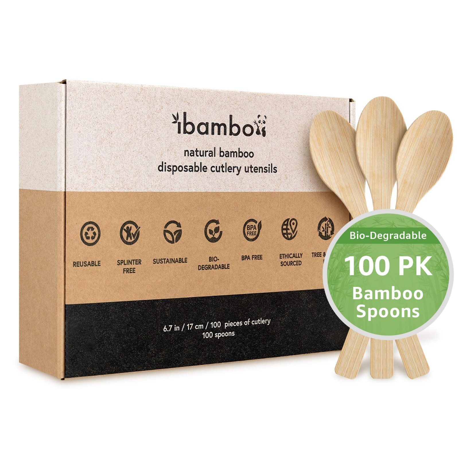 Ibambo 100% Bamboo Spoons - 100 Compostable Spoons, Disposable or Reusable gallery