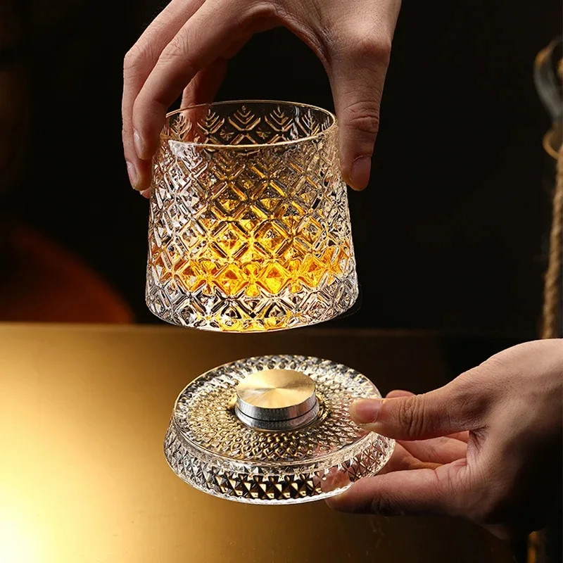 Rotating Whisky Glass 360 Degrees Crystal Rum Tumbler with Base Cocktail Party gallery