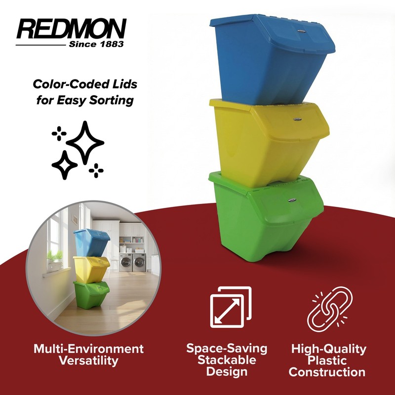 Redmon 10-Gal Stackable Shutter Bins, 3-Piece Recycling Storage Set, Multi-Color gallery