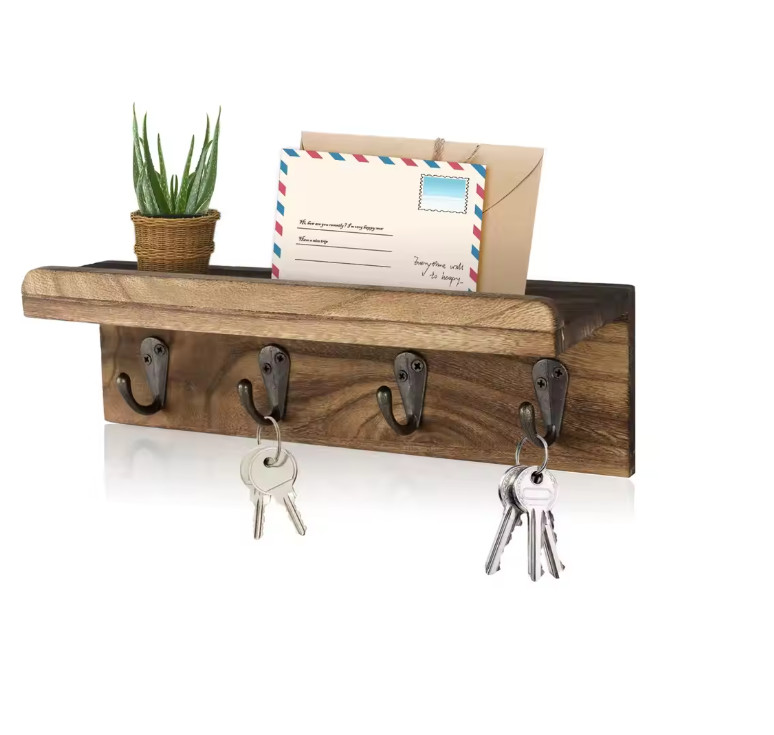 Rustic Key Holder for Wall, Farmhouse Wall Shelf with 4 Hooks, Wall Mounted Key gallery