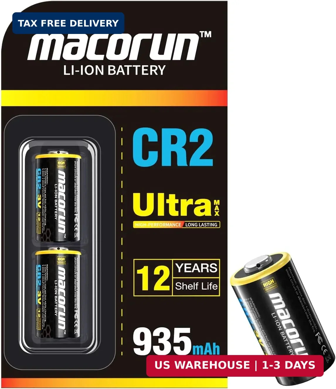 CR2 3V Lithium Battery 2-Pack - 935mAh High Capacity, 12-Year Shelf Life gallery