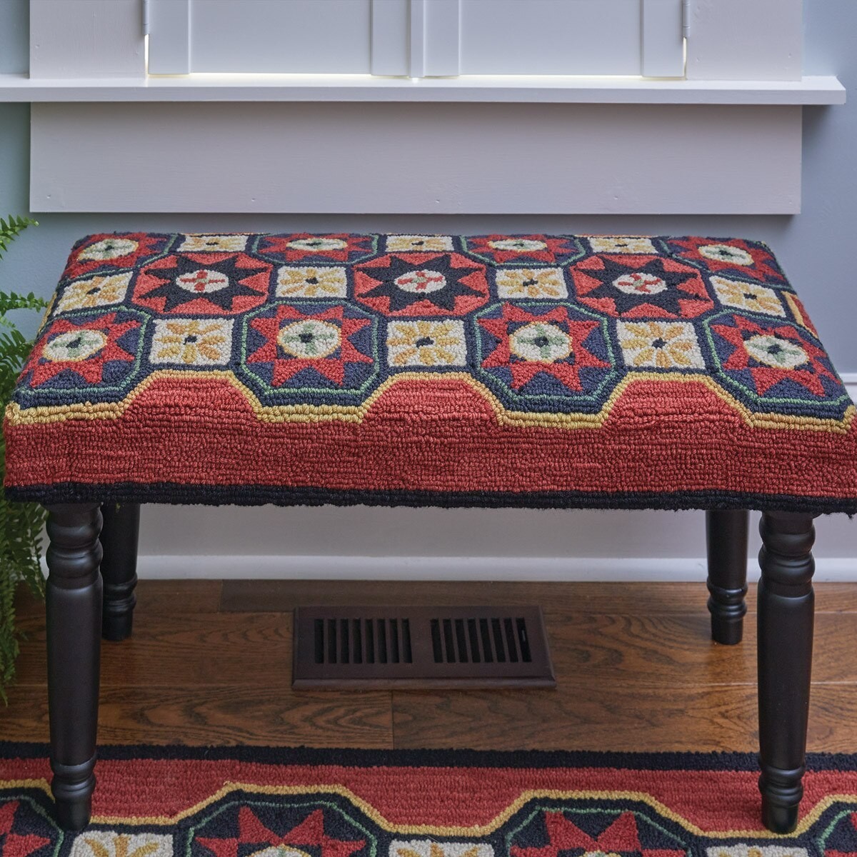 New Primitive Early American Style FOLK ART STAR HOOKED BENCH STOOL Stand gallery
