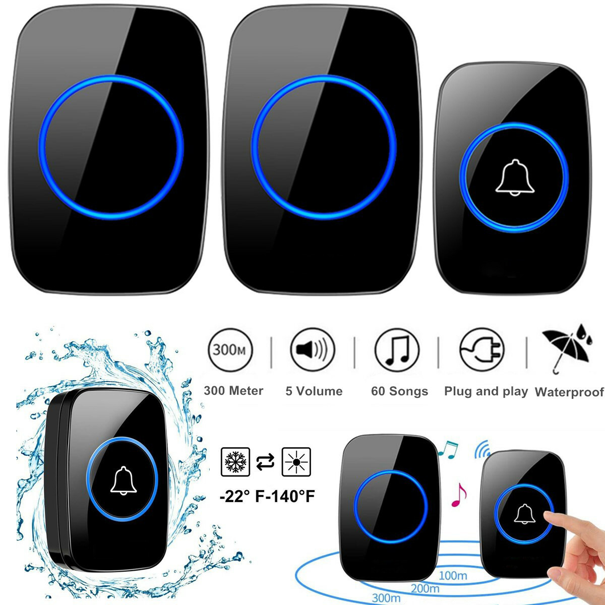 1000FT Wireless Doorbell Waterproof 2 Plugin Receiver Adjustable Volume 38 Chime gallery