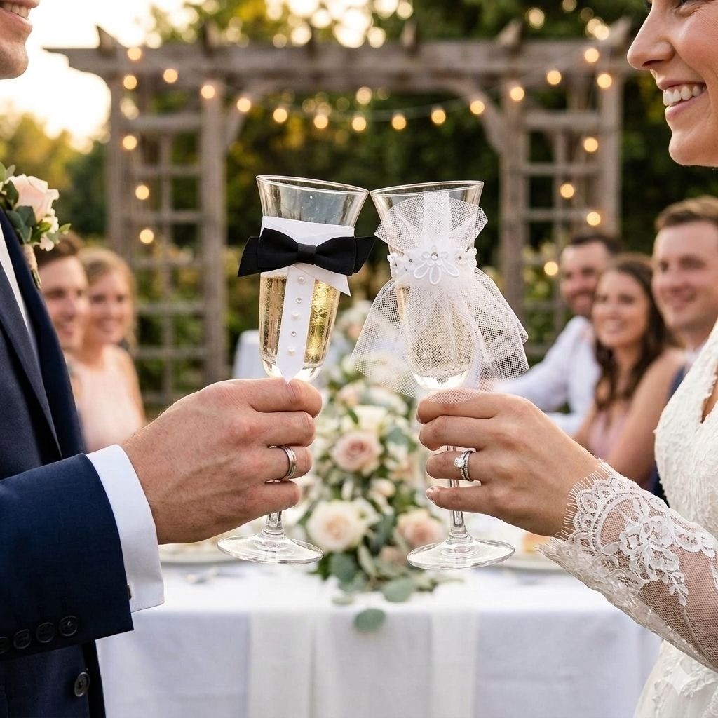 Bride & Groom Toasting Glasses By Studio His & Hers Wedding Decor Hand Wash Only gallery