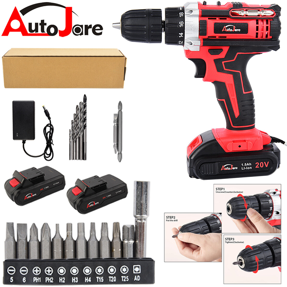 Cordless Screwdriver Drill Kit Electric Rechargeable Power Tool Set W/2 Battery gallery