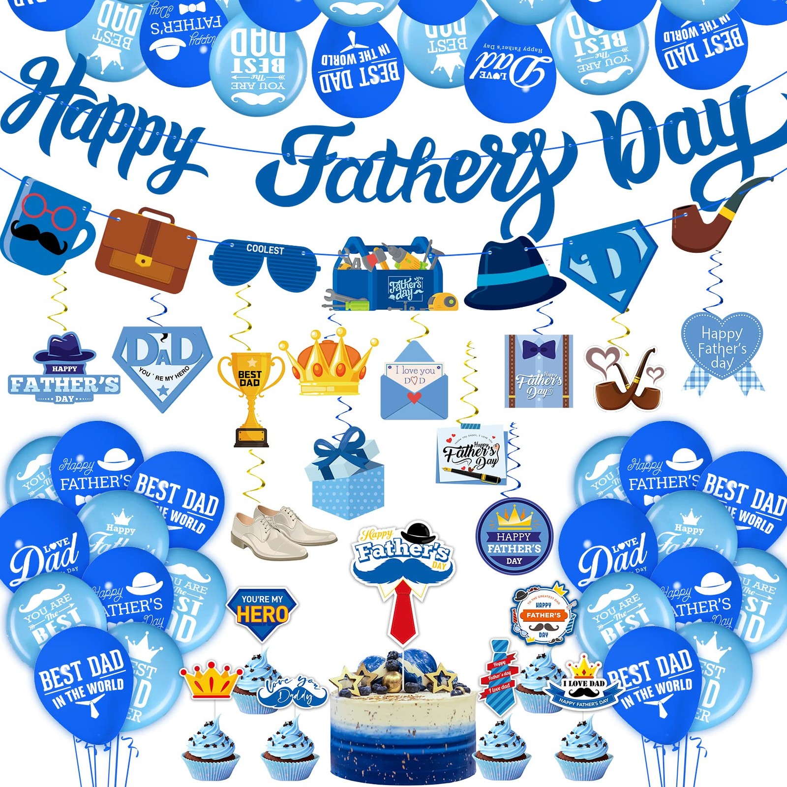 Happy Father's Day Decorations 64pcs with Banner, Cake Topper, Balloons, Ceiling gallery