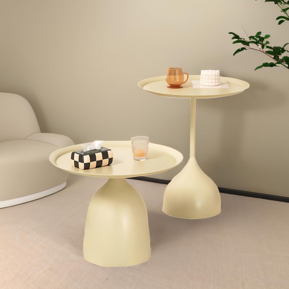 Round Nesting Side Tables Set of 2 Metal Accent Tables Pedestal End Tables Beige gallery