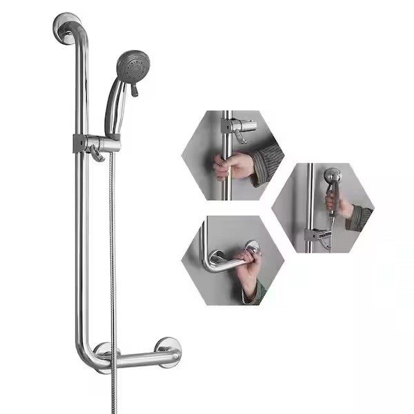 BWE Adjustable Removable Shower With Hose And ADA Safety Bar, Chrome gallery