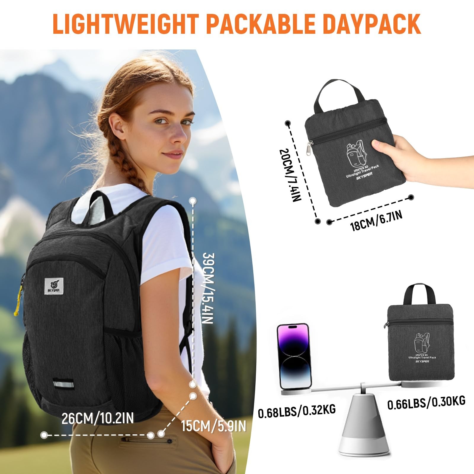 10L Hiking Backpack Foldable Packable Lightweight Daypack Small Travel Black 2
