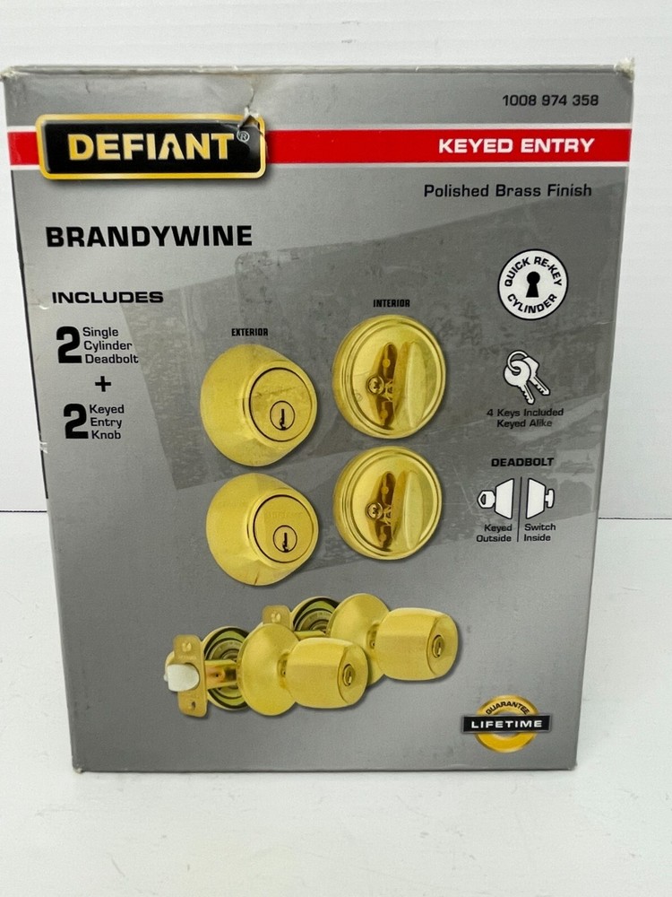 Defiant Brandywine 2 Single Cylinder Deadbolt, 2 Keyed Entry Knob Brass Finish