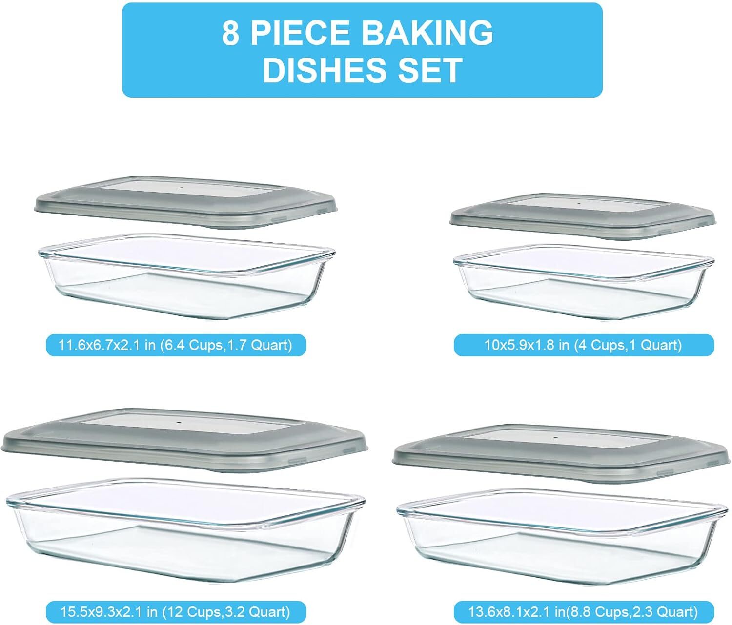 8 Pieces Glass Baking Dish with Lids Rectangular Glass Baking Pan Bakeware Set gallery