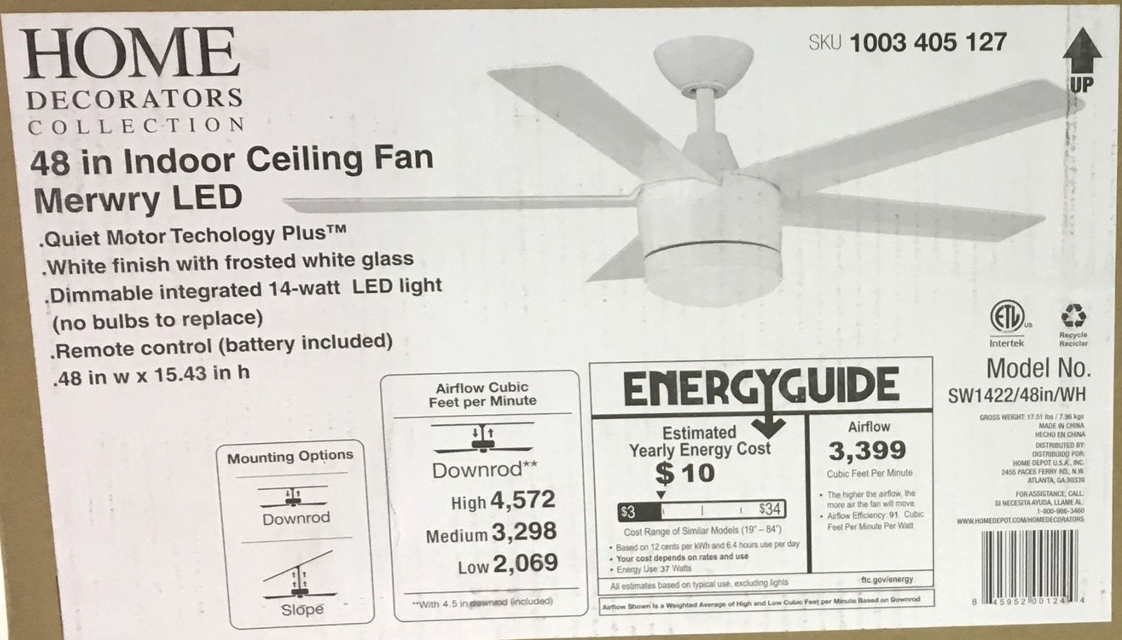 Home Decorators Merwry 48in. Integrated LED Indoor White Ceiling Fan SEALED gallery