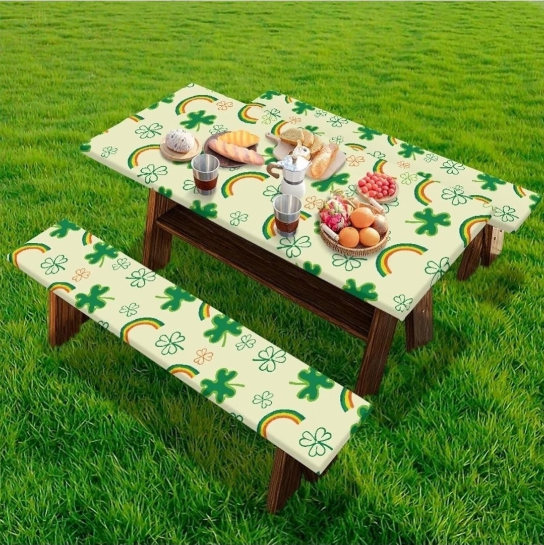 Picnic Table & Bench Cover Set Shamrock Rainbow Design Polyester Beige Green gallery