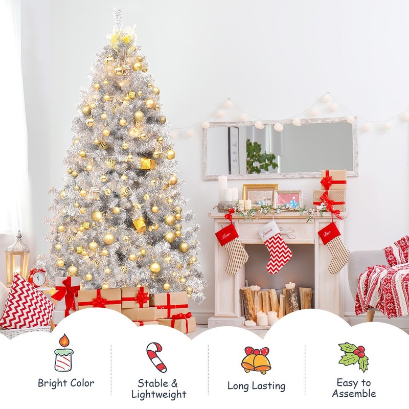 7.5Ft Hinged Unlit Artificial Silver Tinsel Christmas Tree Holiday w/Metal Stand gallery