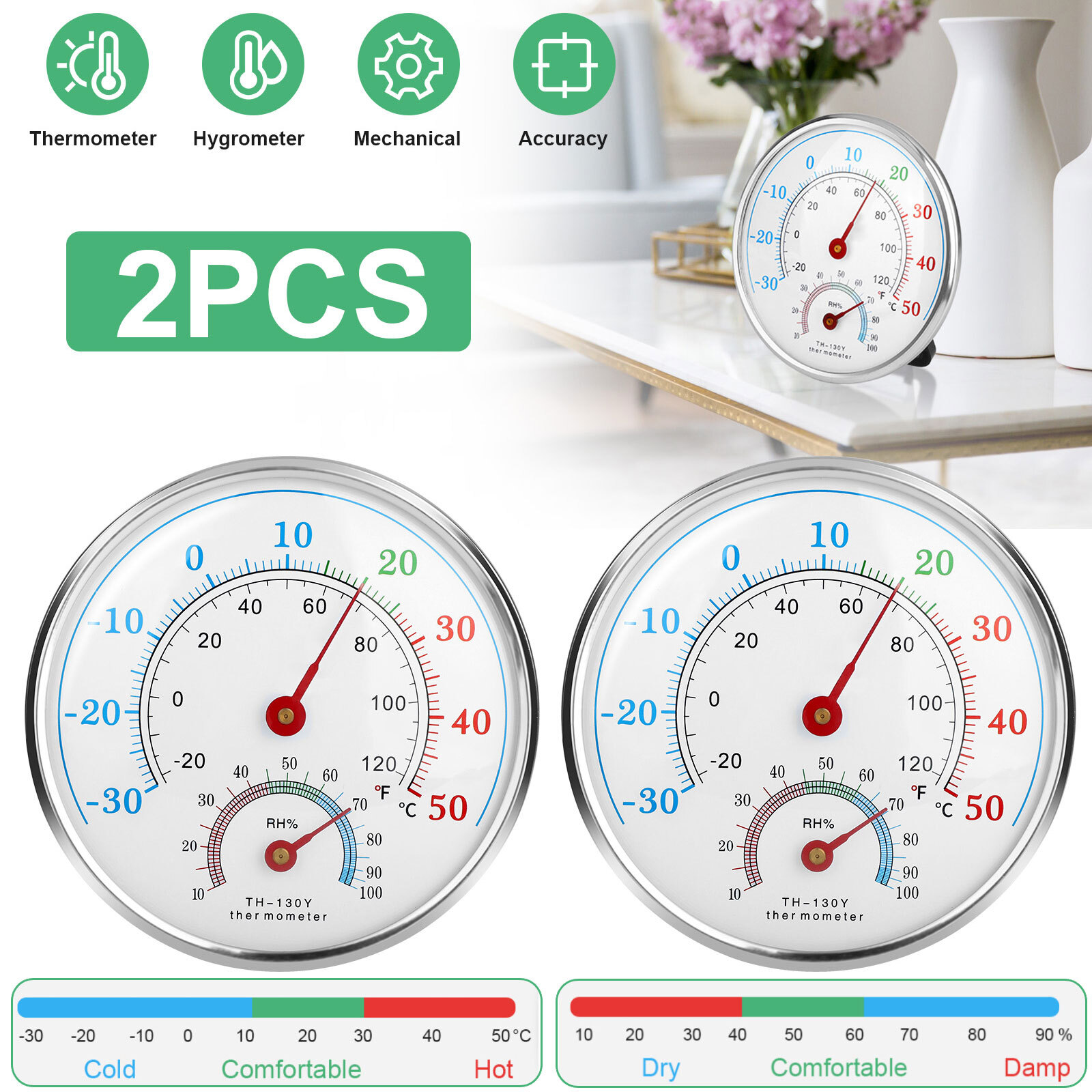 2pcs Analog Thermometer Hygrometer Humidity Meter Gauge Temperature Room Indoor gallery