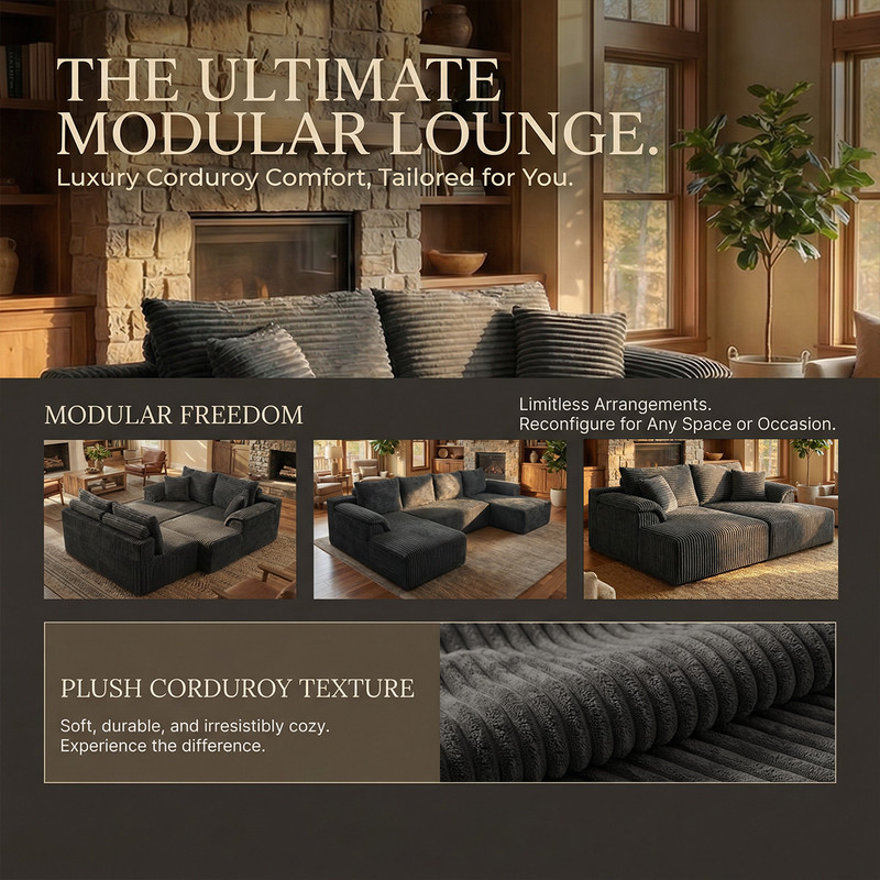 132'' Modular Boneless Couches Sofa Cloud Couch U-Shaped Sectional Sofa 4 Seater gallery