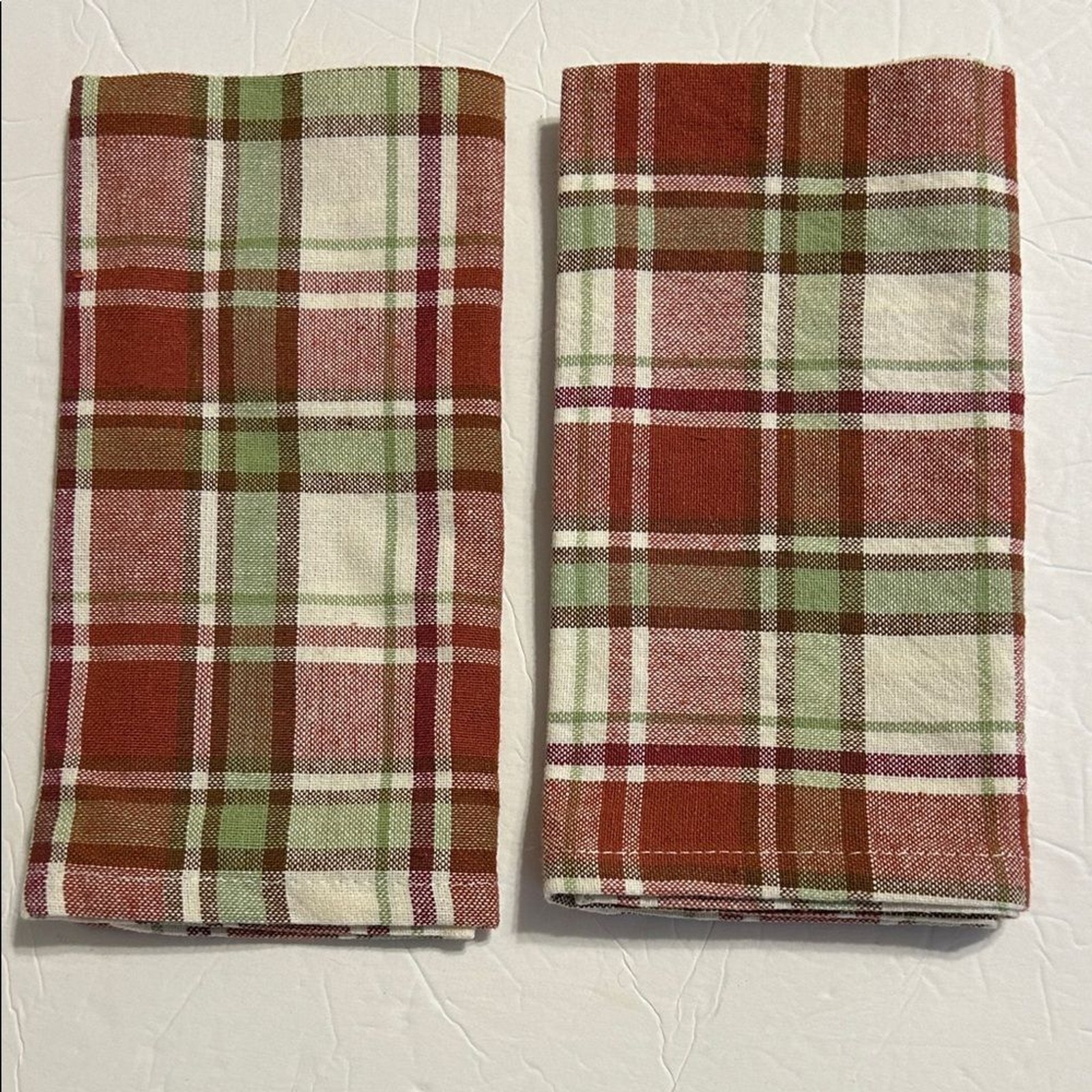COTTAGE CLASSIC Cotton Rust Green White Plaid Cloth Napkins Dining Holiday Set 2 gallery