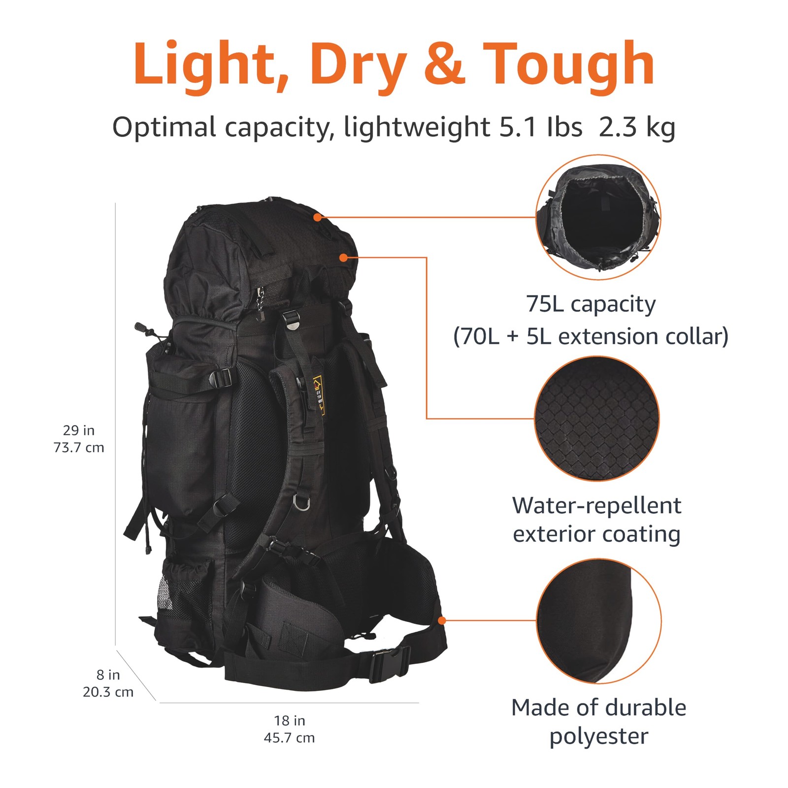 Internal Frame Backpack, 75 Liters, Black 4