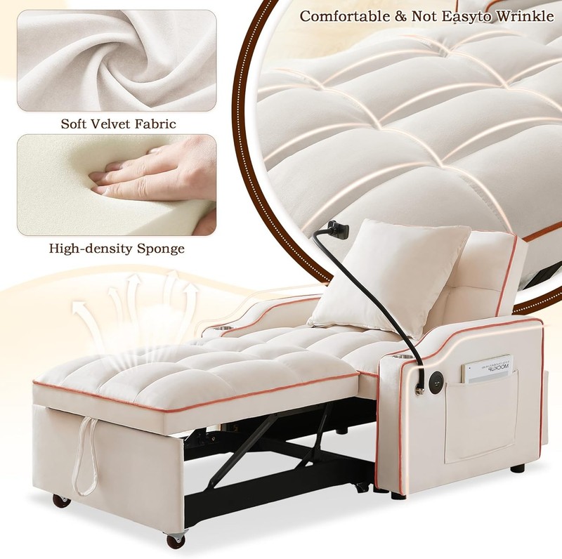Convertible Sofa Bed 3-in-1 Pull Out Sleeper Chair with Type C & USB Ports gallery