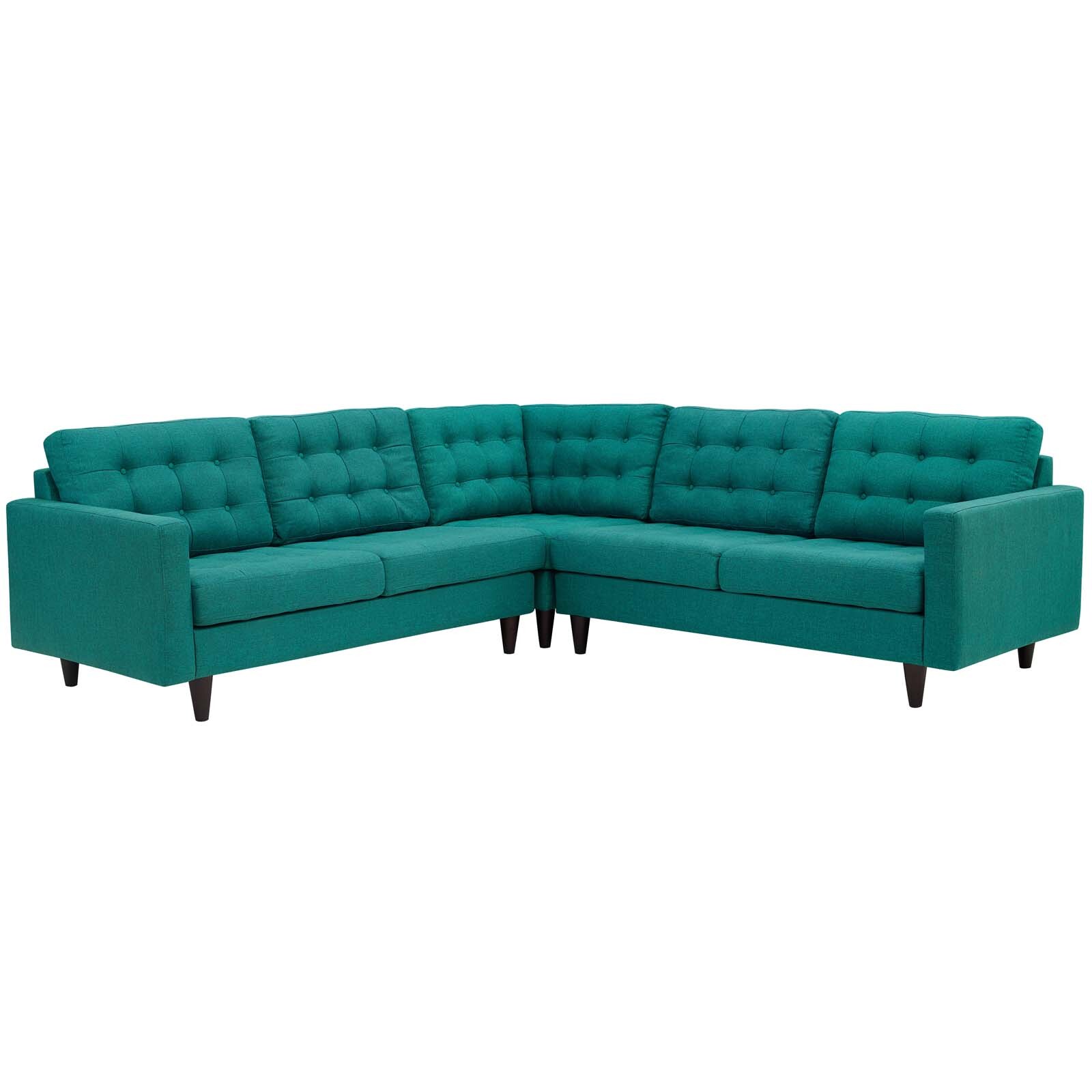 Modway Mid-Century Modern Tufted Fabric Upholstered Sectional Sofa Set in Teal gallery