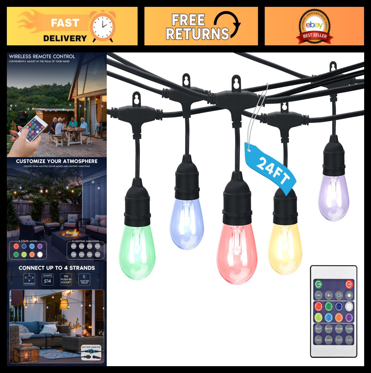 24FT LED RGBW Outdoor String Lights, Remote Control Color Changing, Waterproof C gallery