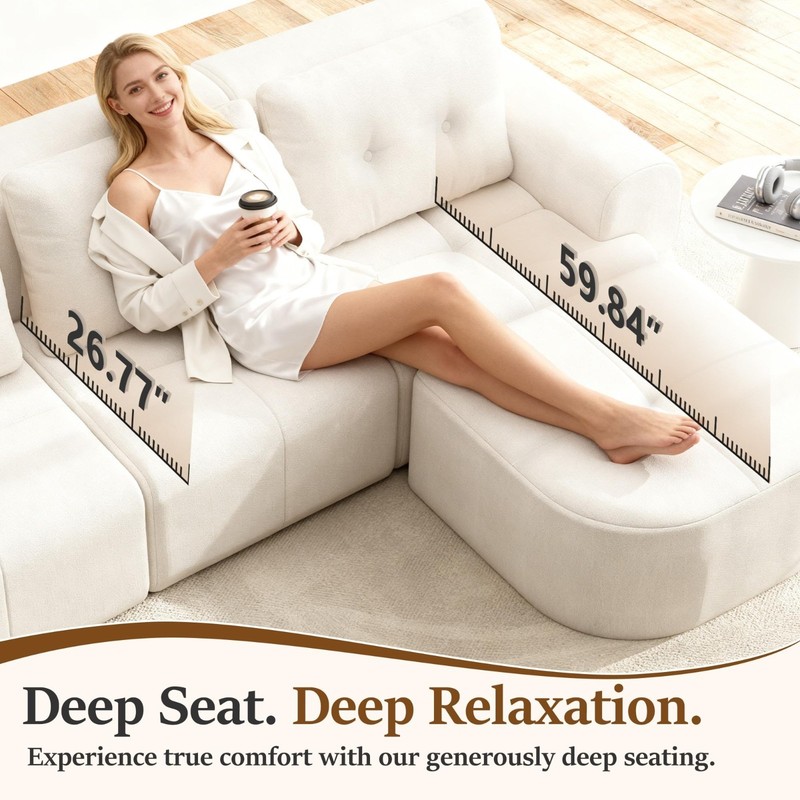 112" Modular Sectional Sofa Couch with Chaise L-Shaped Tufted Cloud Couch, Beige gallery
