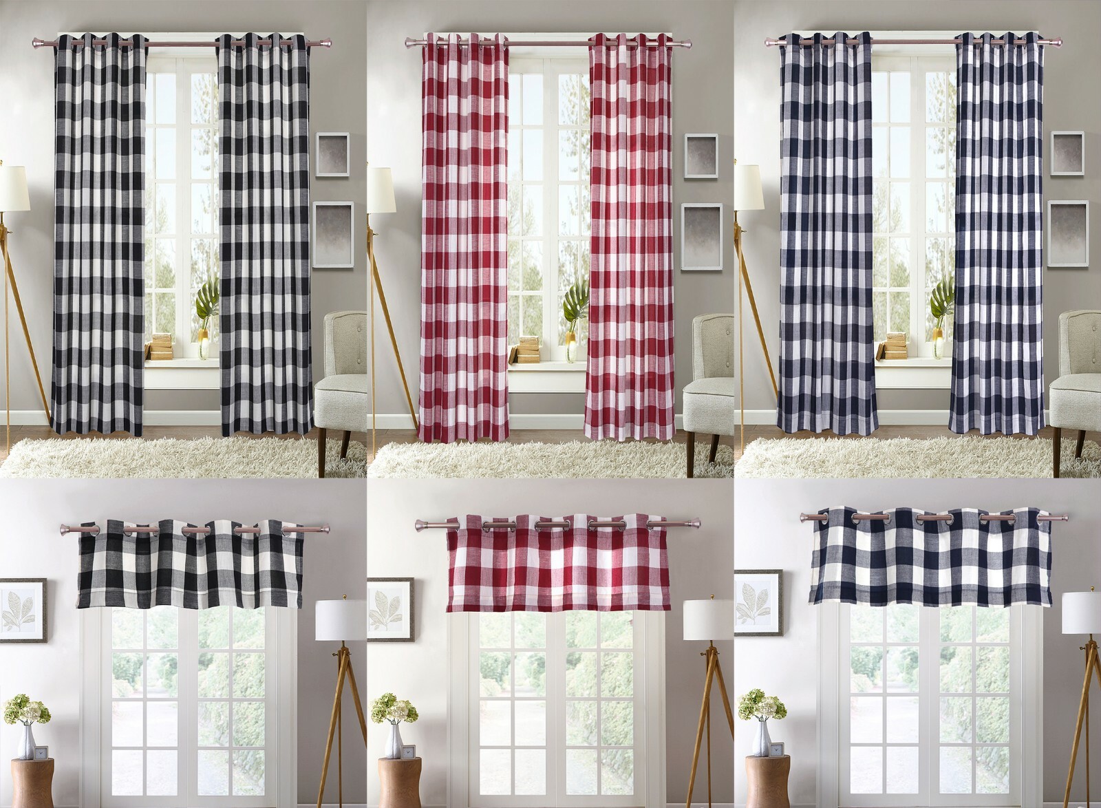 2 PC Plaid Courtyard Buffalo Checker Grommet Window Curtain Panels or 1 Valance gallery