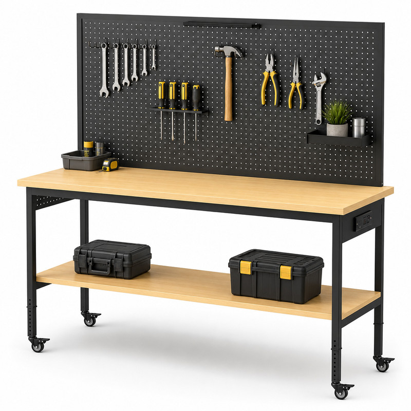 60" Garage Workbench 2000LBS w/ Pegboard LED Light Adjustable Rolling Table gallery