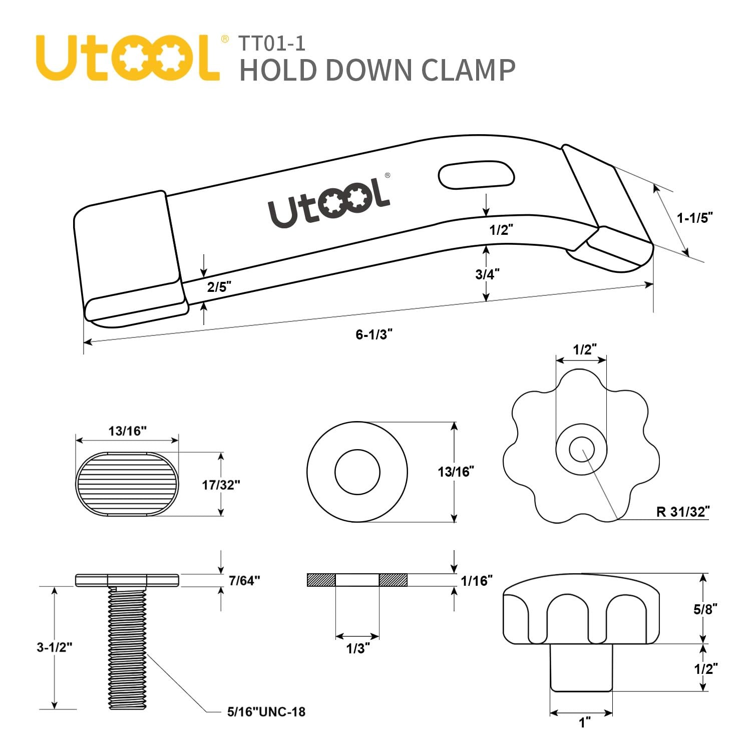 2 Pack T-Track Hold Down Clamps Kit with 3-1/2" T-Bolts 6-1/3" L x 1-1/5" Wid... gallery