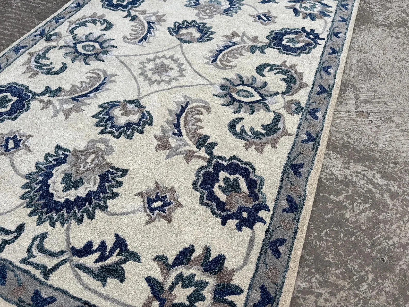 Modern Hand Tufted Wool Rug: Floral Blue, Grey, Ivory gallery