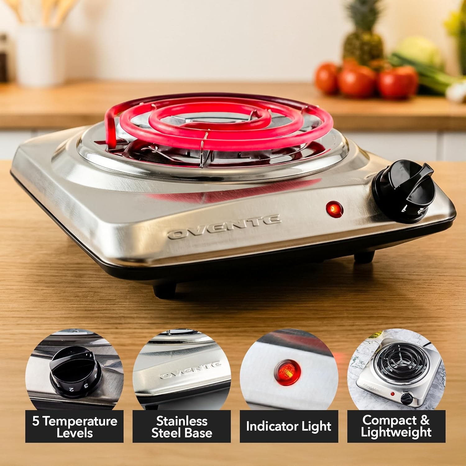 OVENTE Electric Single Burner Hot Plate 1000W 6" Stainless Steel Cooktop gallery